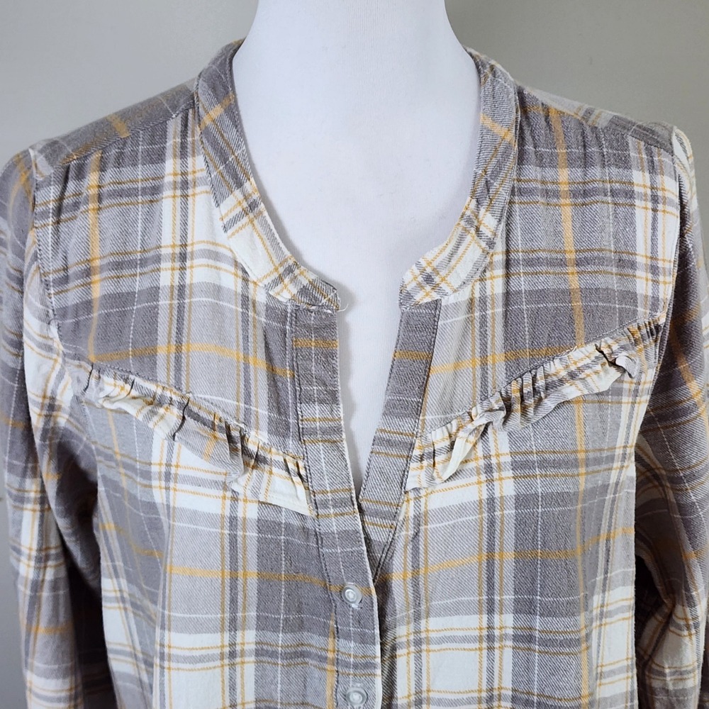 Harve Benard Plaid Button Up Womens Large Gray Ruffle Western Flannel Cottage - Picture 2 of 12